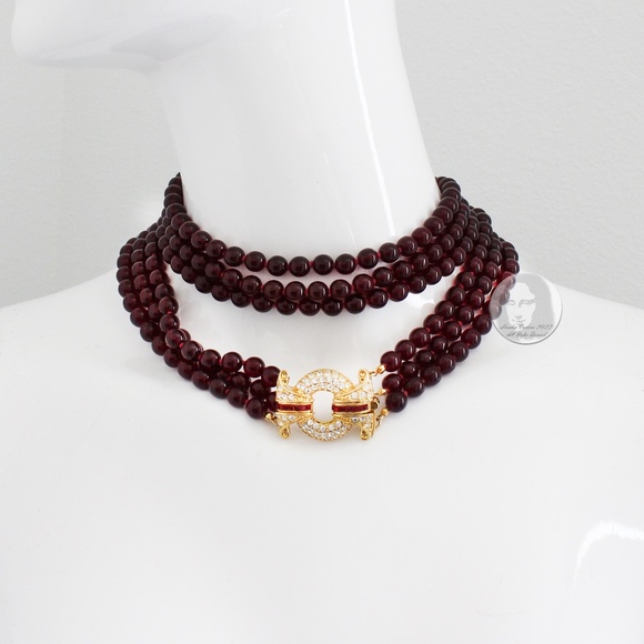 Nolan Miller Necklace Multistrand Red Glass Beads Rhinestones Clasp Vintage 80s - Picture 3 of 10